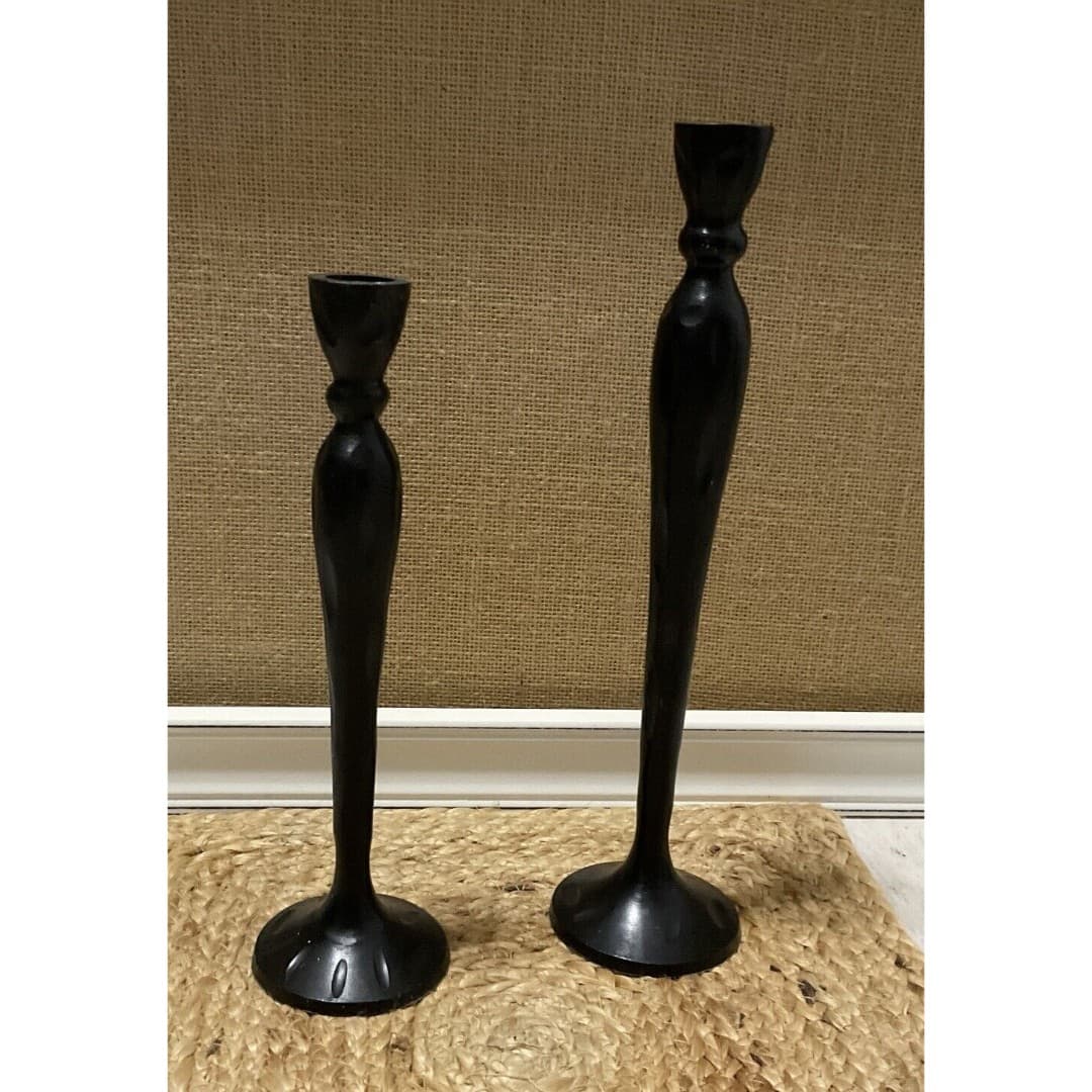2 Pottery Barn Candlesticks Black Barn Taper Metal Bronze Alba Pair - Thumbnail 2
