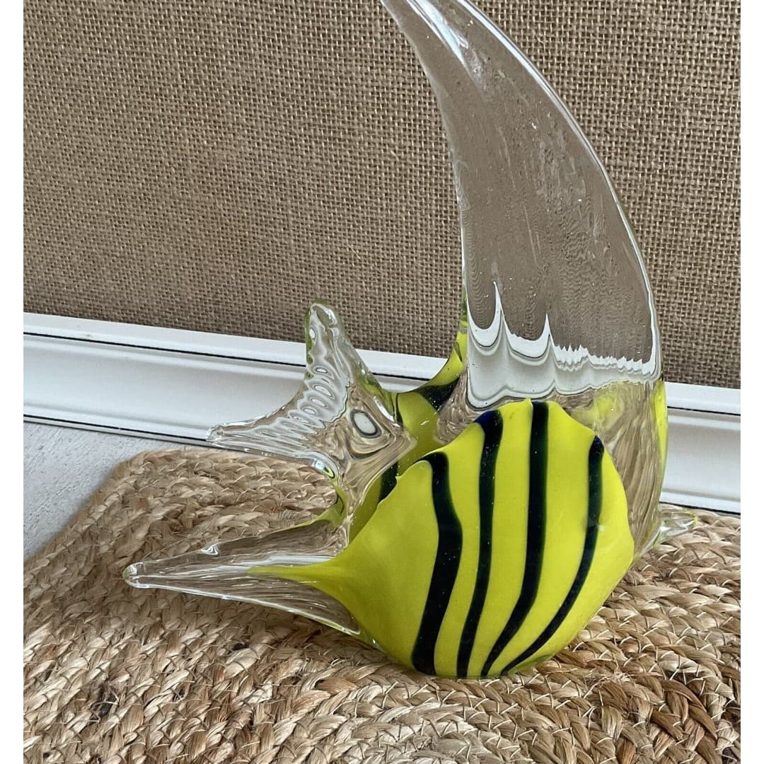 Hand Blown Art Glass Fish Figurine With Vibrant Blue & Yellow Stripes - Thumbnail 4