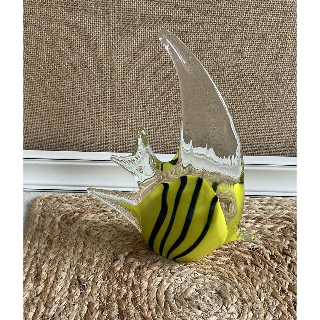 Hand Blown Art Glass Fish Figurine With Vibrant Blue & Yellow Stripes - Thumbnail 3