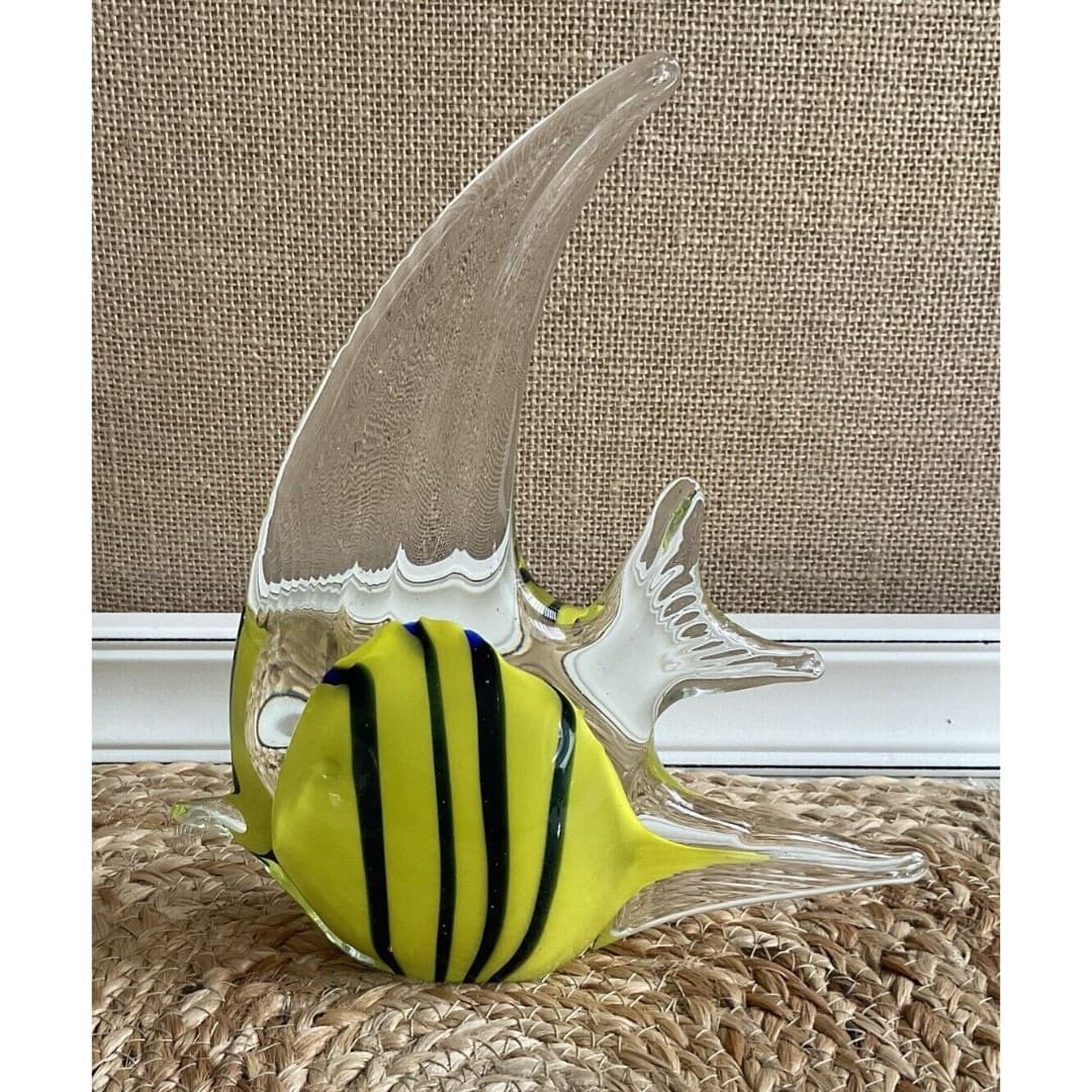 Hand Blown Art Glass Fish Figurine With Vibrant Blue & Yellow Stripes