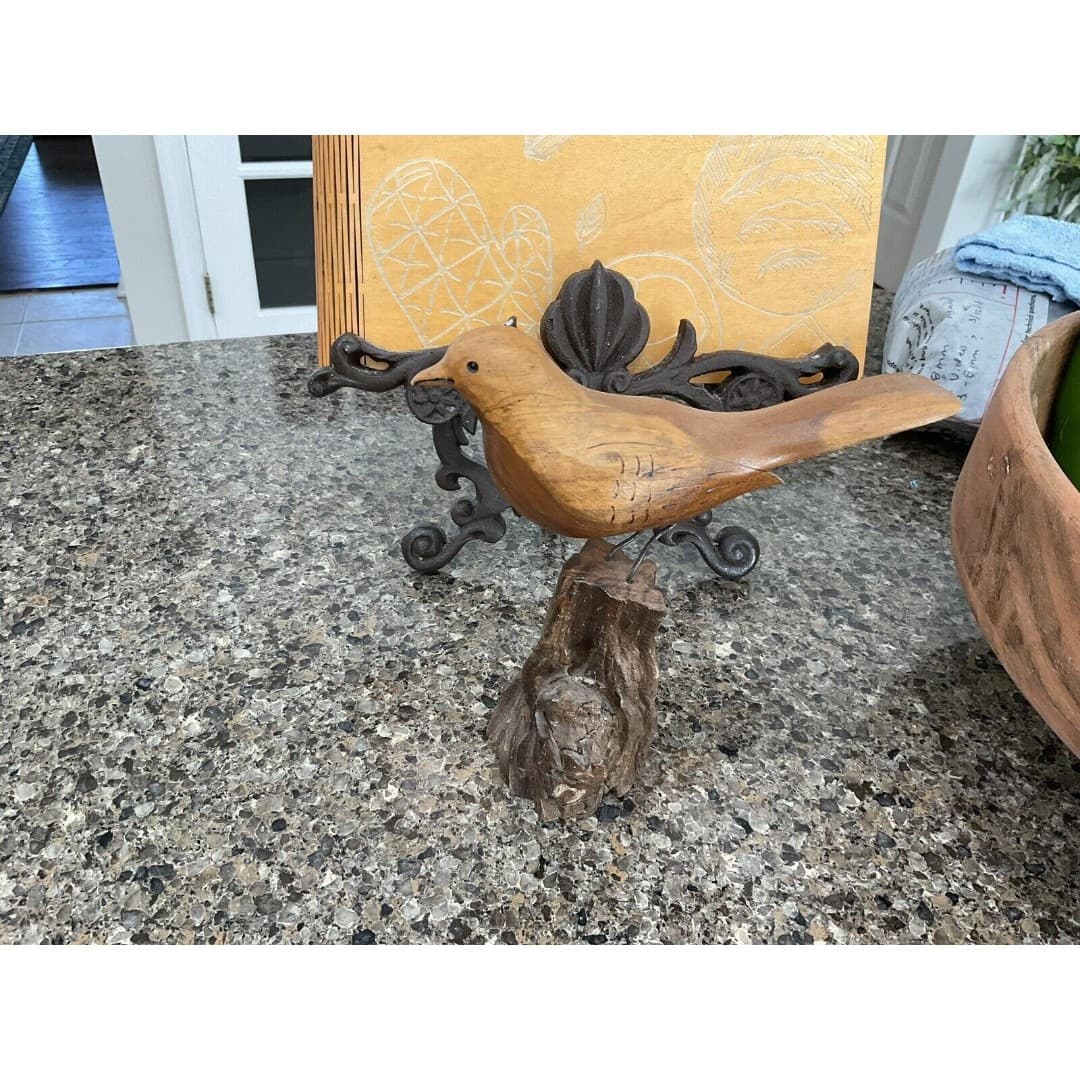 Midcentury Sculpted Bird Wood Carving Wire Legs Wood Base