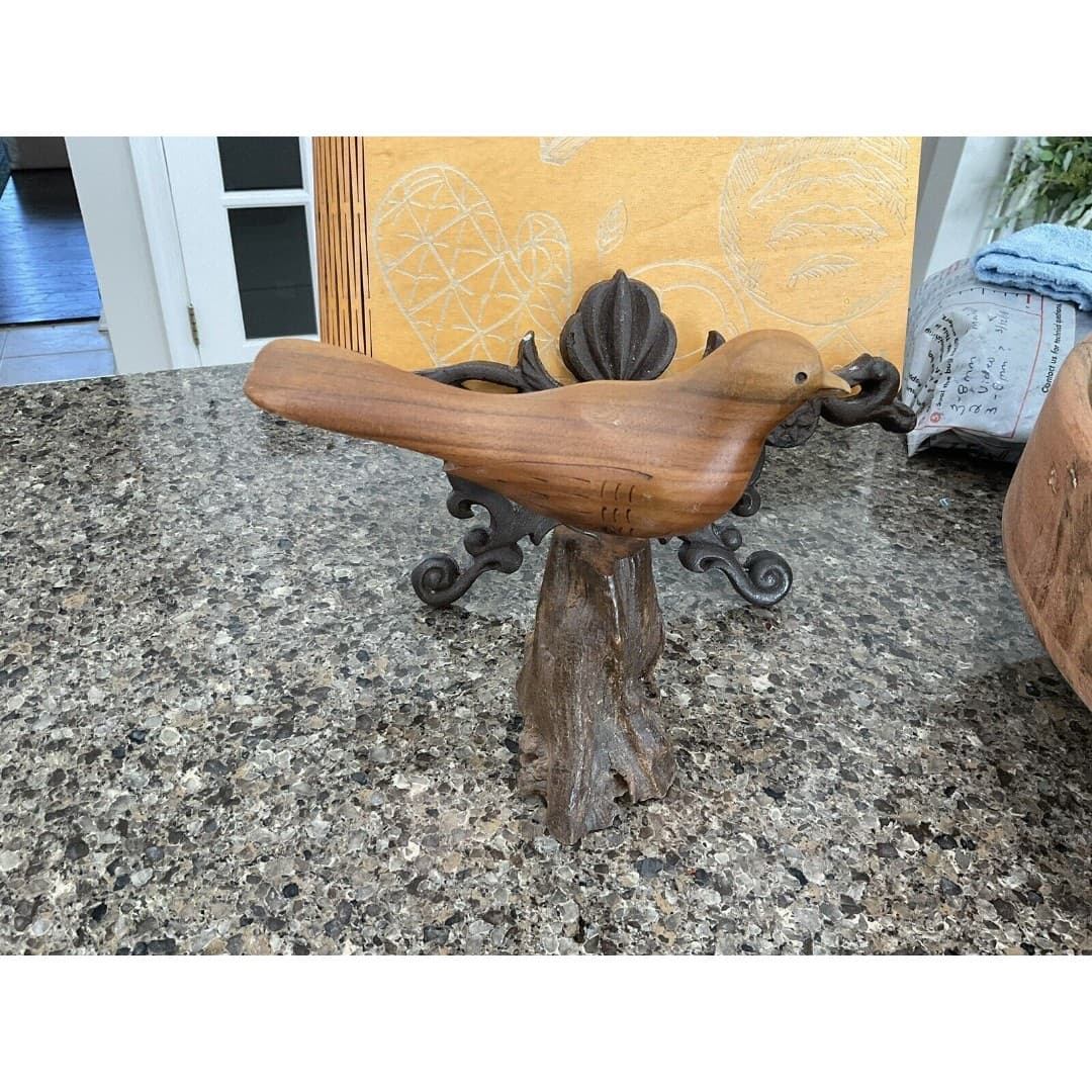 Midcentury Sculpted Bird Wood Carving Wire Legs Wood Base - Thumbnail 3