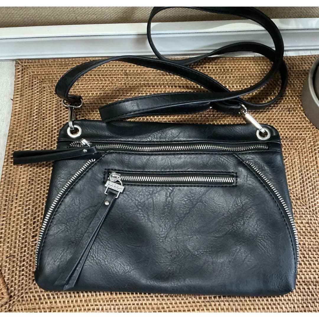Nicole Miller Crossbody Black Purse Lots Of Zippers - Thumbnail 2