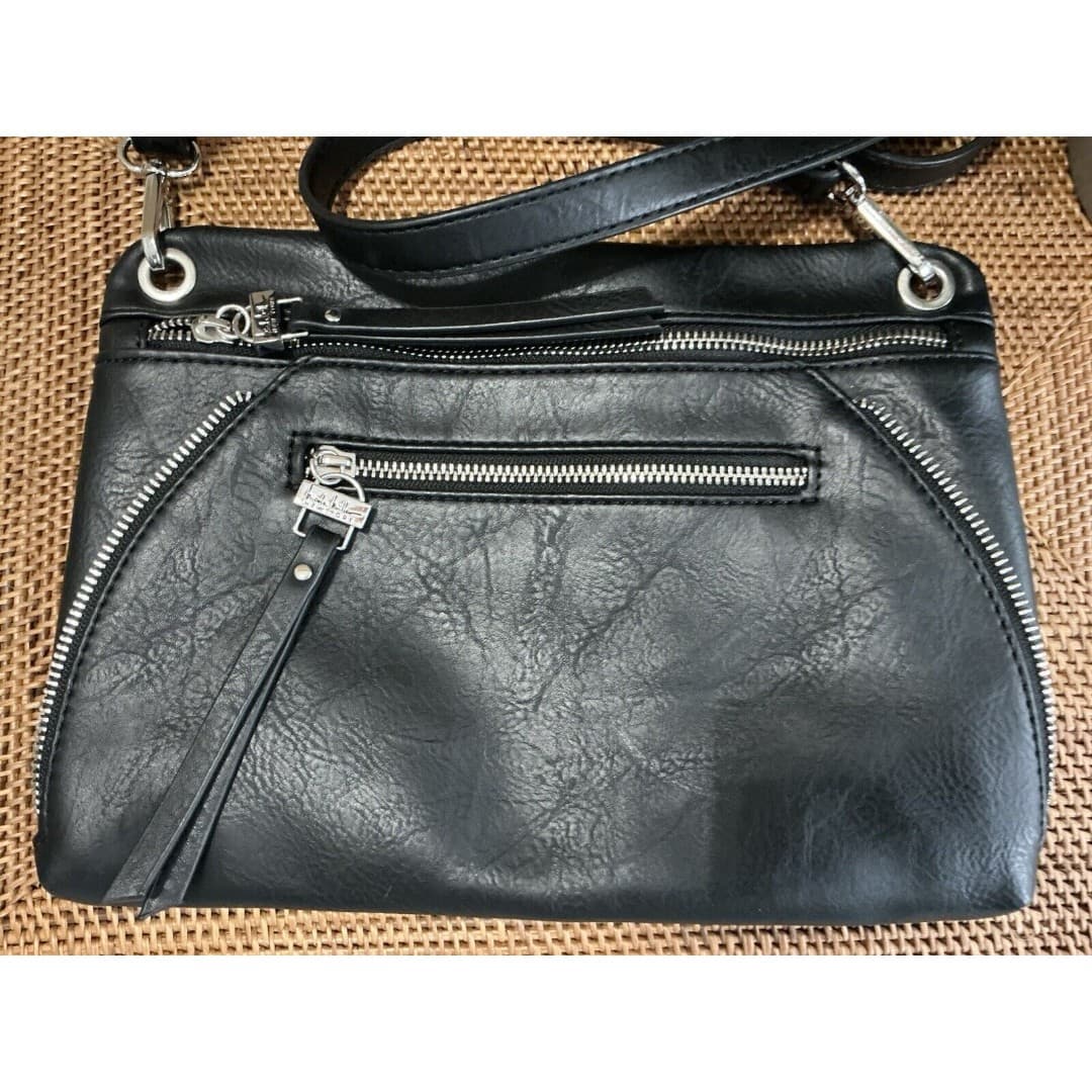 Nicole Miller Crossbody Black Purse Lots Of Zippers - Thumbnail 6