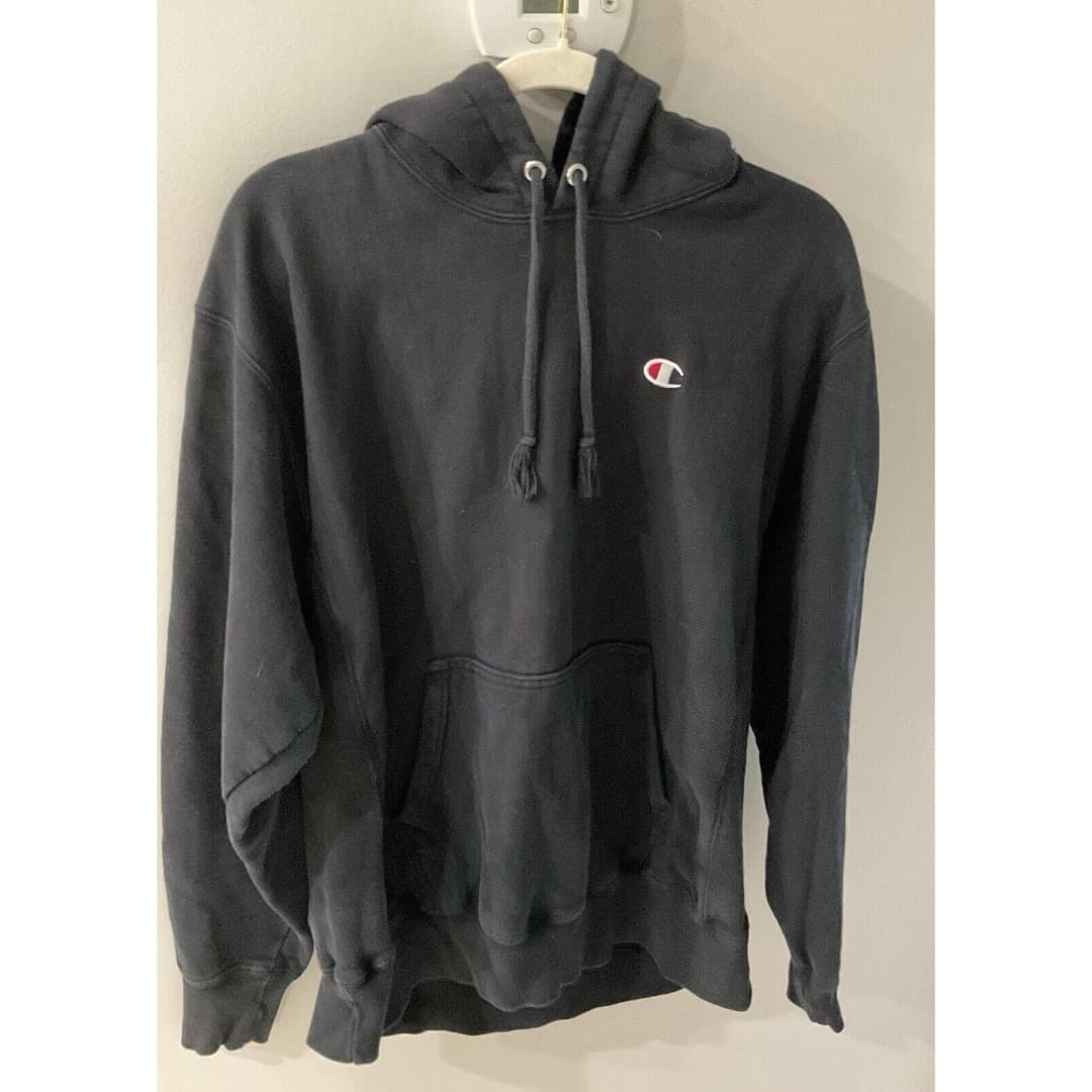 Vintage 90s Champion Reverse Weave Hoodie Sweatshirt Logo Black Size Large