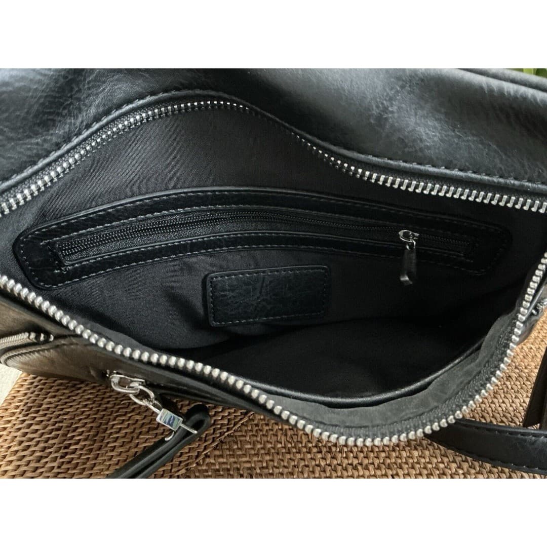 Nicole Miller Crossbody Black Purse Lots Of Zippers - Thumbnail 4