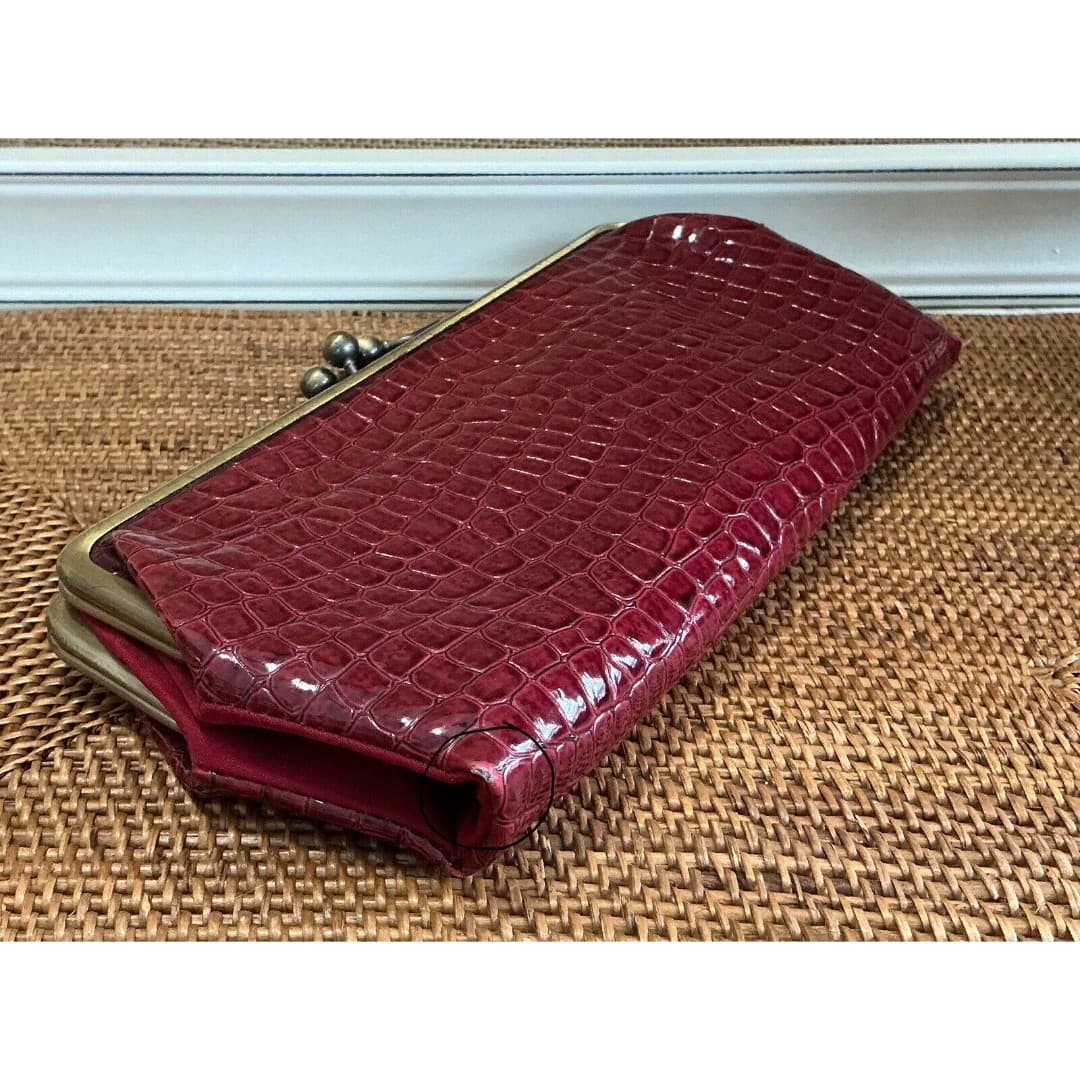 Vintage Double Snap Clutch Red Bifold Framed Kiss Lock - Thumbnail 10