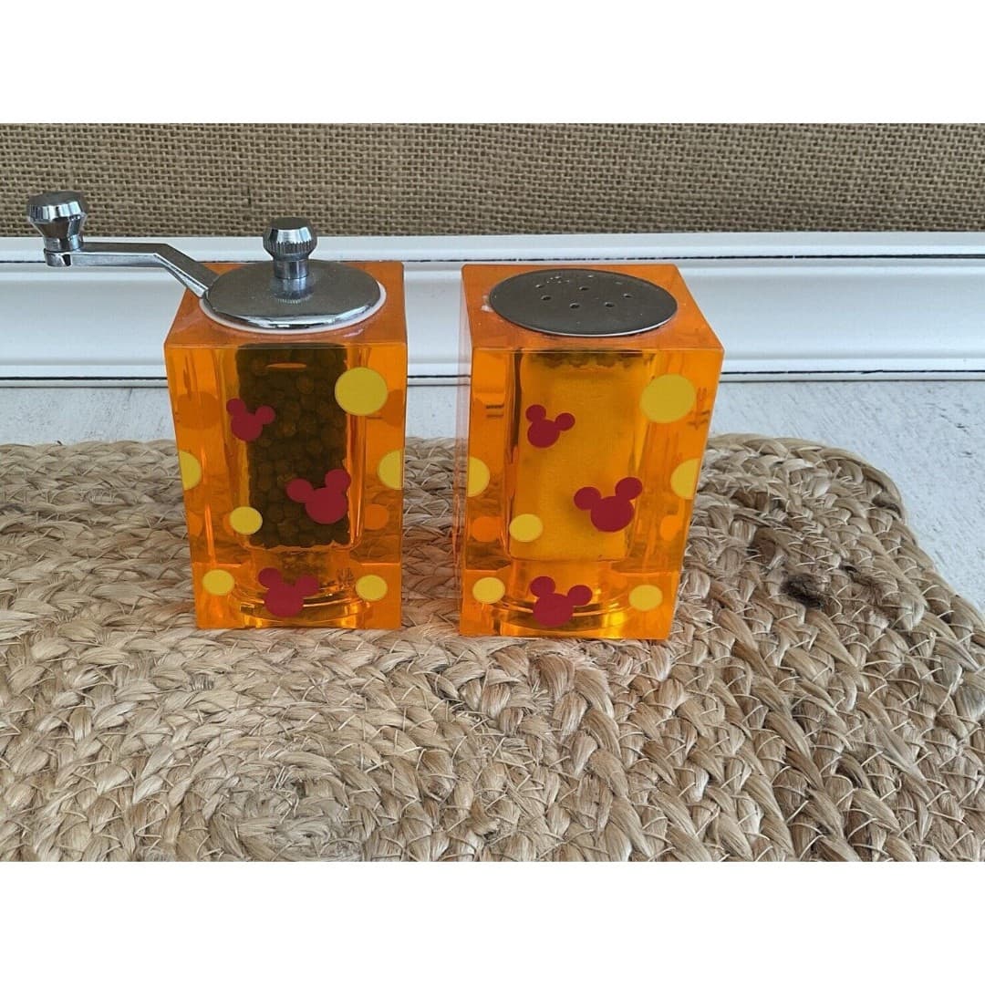 Disney Mickey Mouse Ears Vintage Salt Shaker Pepper Mill Grinder Orange Acrylic