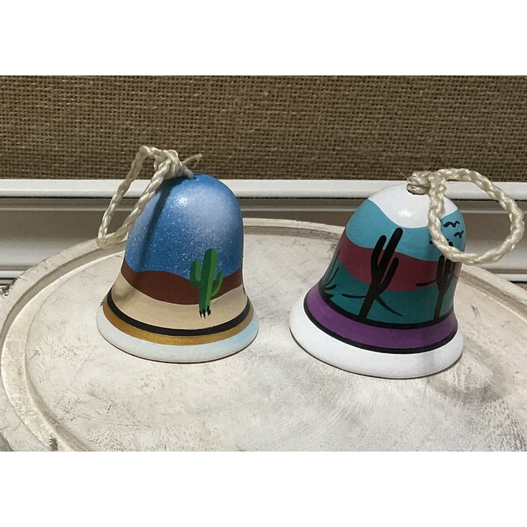 Vintage Lot Of 2 Southwest Design Clay Pottery Bells New Tesa By Maack Co - Thumbnail 2