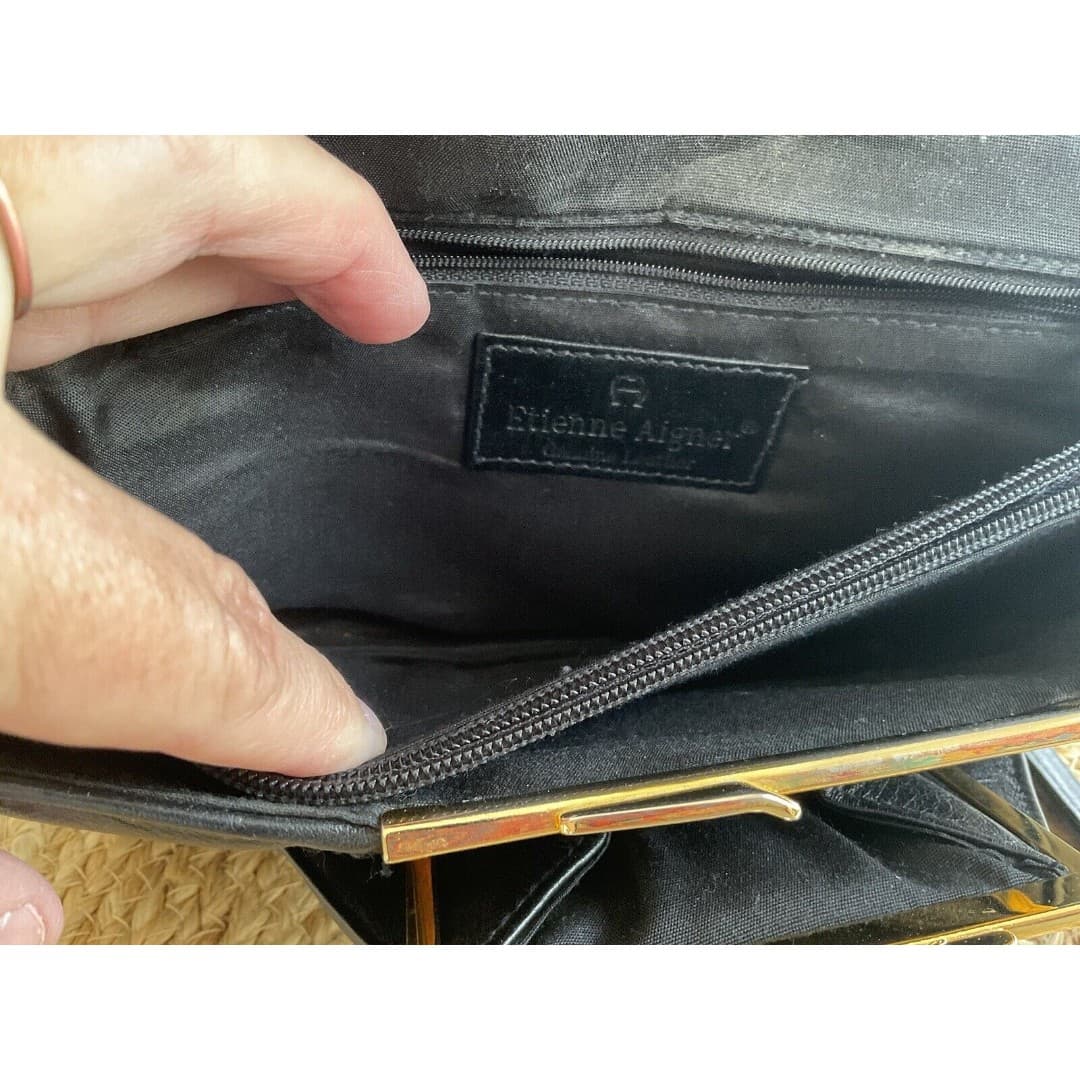 Etienne Aigner Black Leather Classic Shoulder Bag Strap Gold Logo Monogram - Thumbnail 6