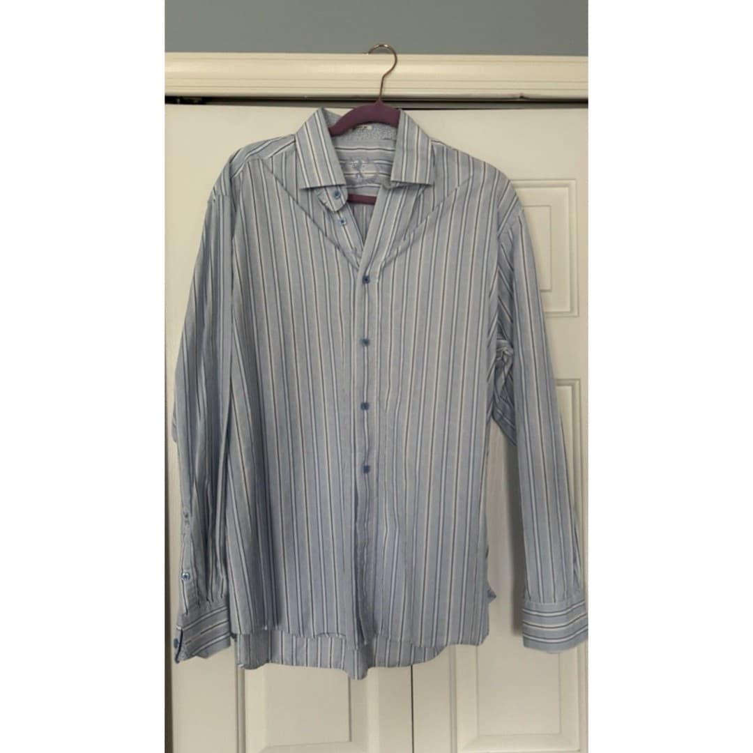 BUGATCHI Men's Long Sleeve Button Down Shaped Fit Blue Stripped Shirt Size XL