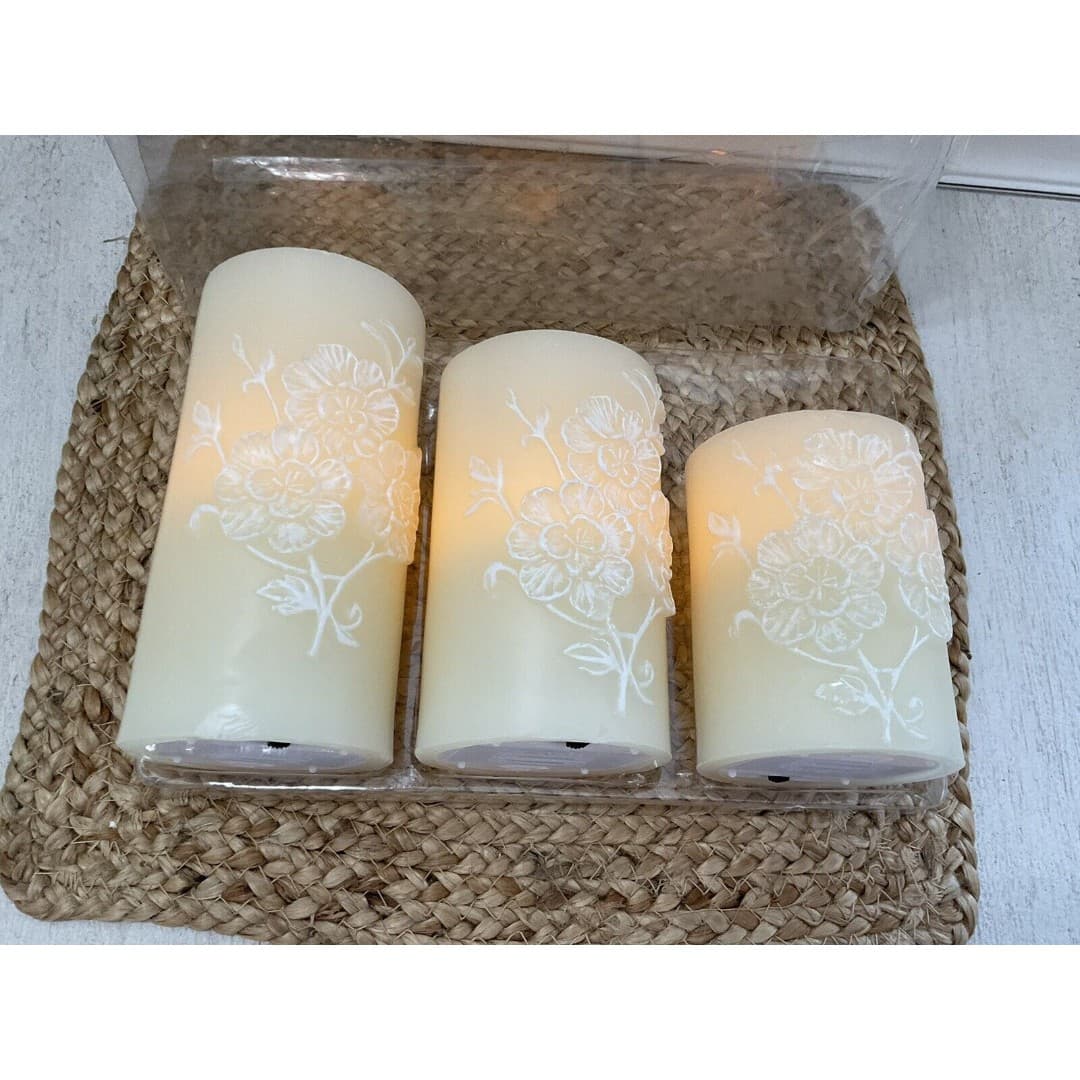 LED Flameless Candles Wax Pillar Battery Operated Candle W/Floral Design - Thumbnail 2