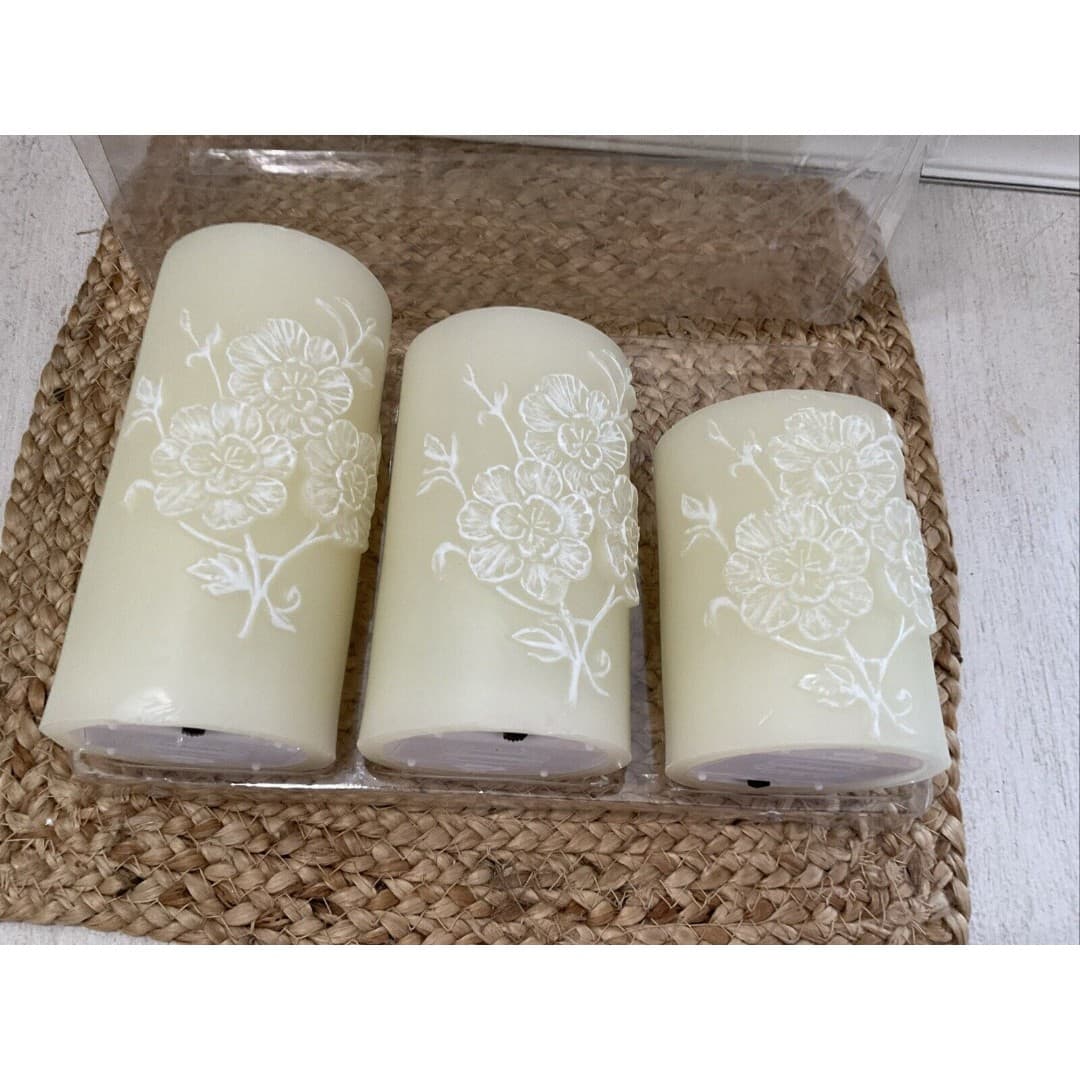 LED Flameless Candles Wax Pillar Battery Operated Candle W/Floral Design - Thumbnail 3