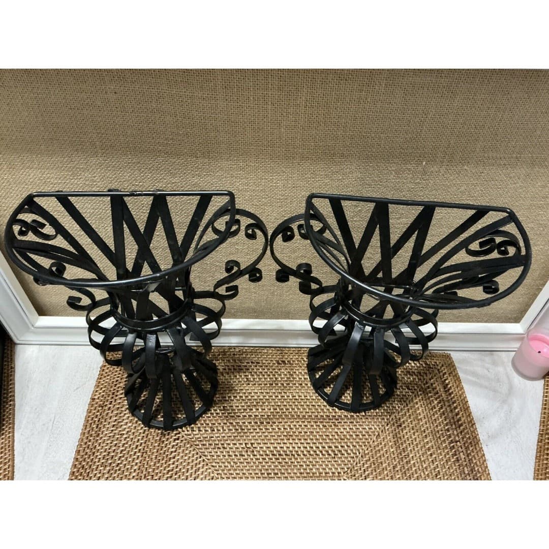 Vintage MCM Wrought Iron Metal Wall Sconce Holders 12”X 10” Pair - Thumbnail 4