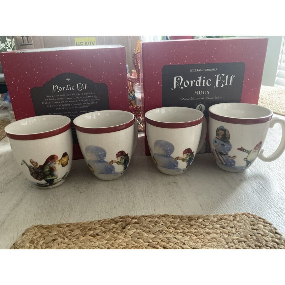 Williams Sonoma Stoneware Holiday Christmas Nordic Elf Mugs Cups Set of 4 14oz