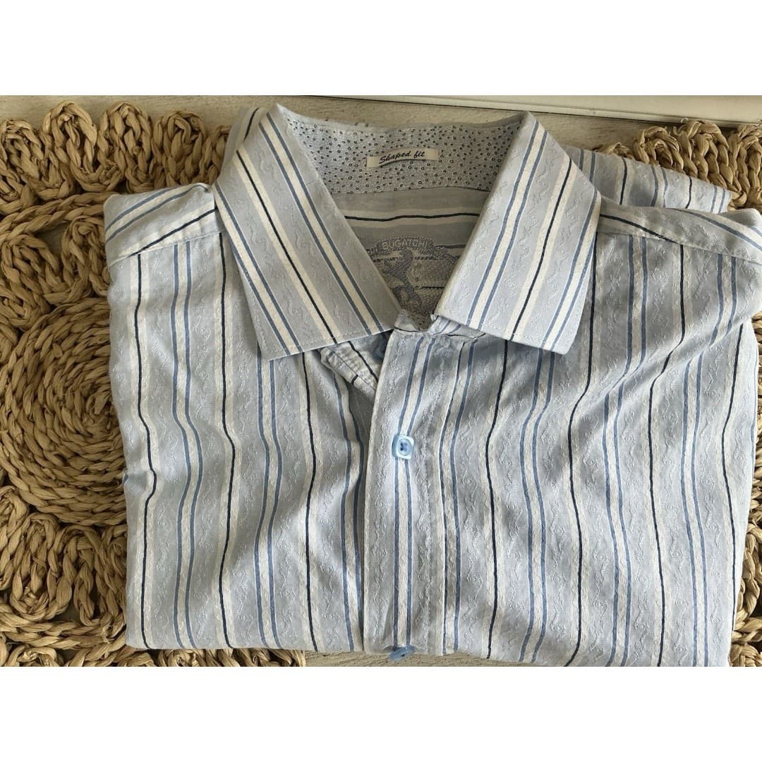 BUGATCHI Men's Long Sleeve Button Down Shaped Fit Blue Stripped Shirt Size XL - Thumbnail 3