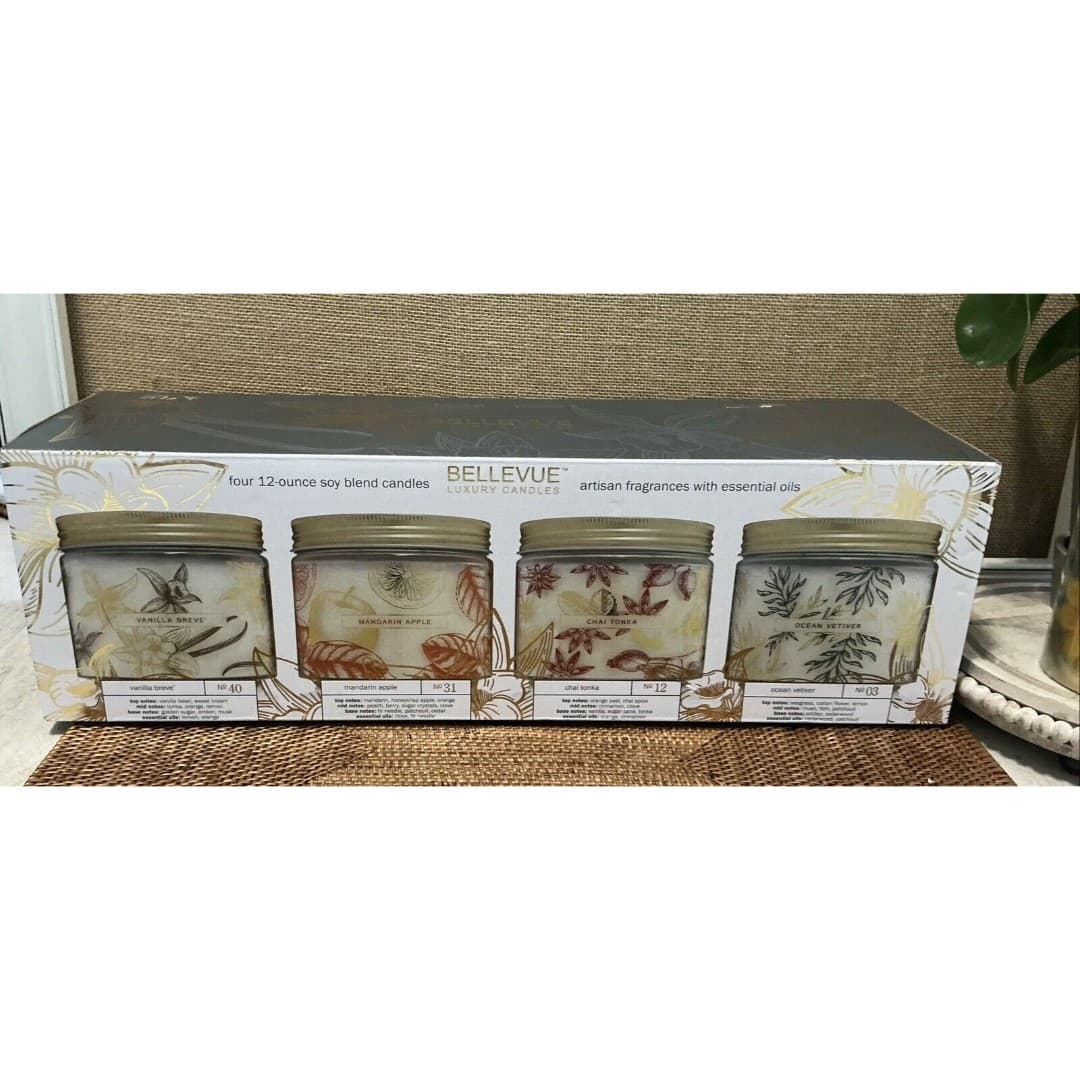 Bellevue Luxury Set Of 4 Natural Soy Wax Long Lasting Candles Essential Oil