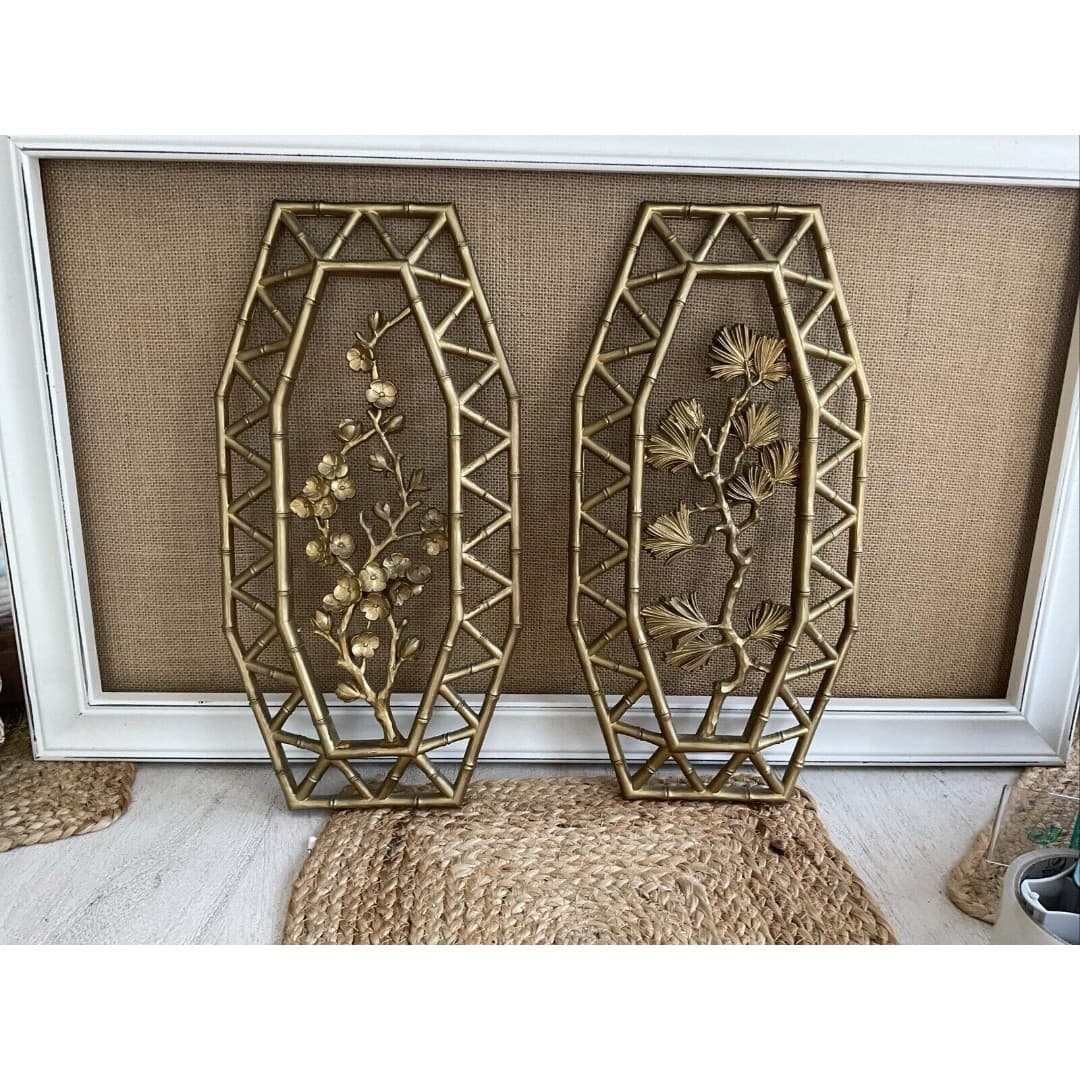 Vtg Syroco Pair Bamboo Floral Wall Plaques Dart 7412 A & B Homco 15.5"