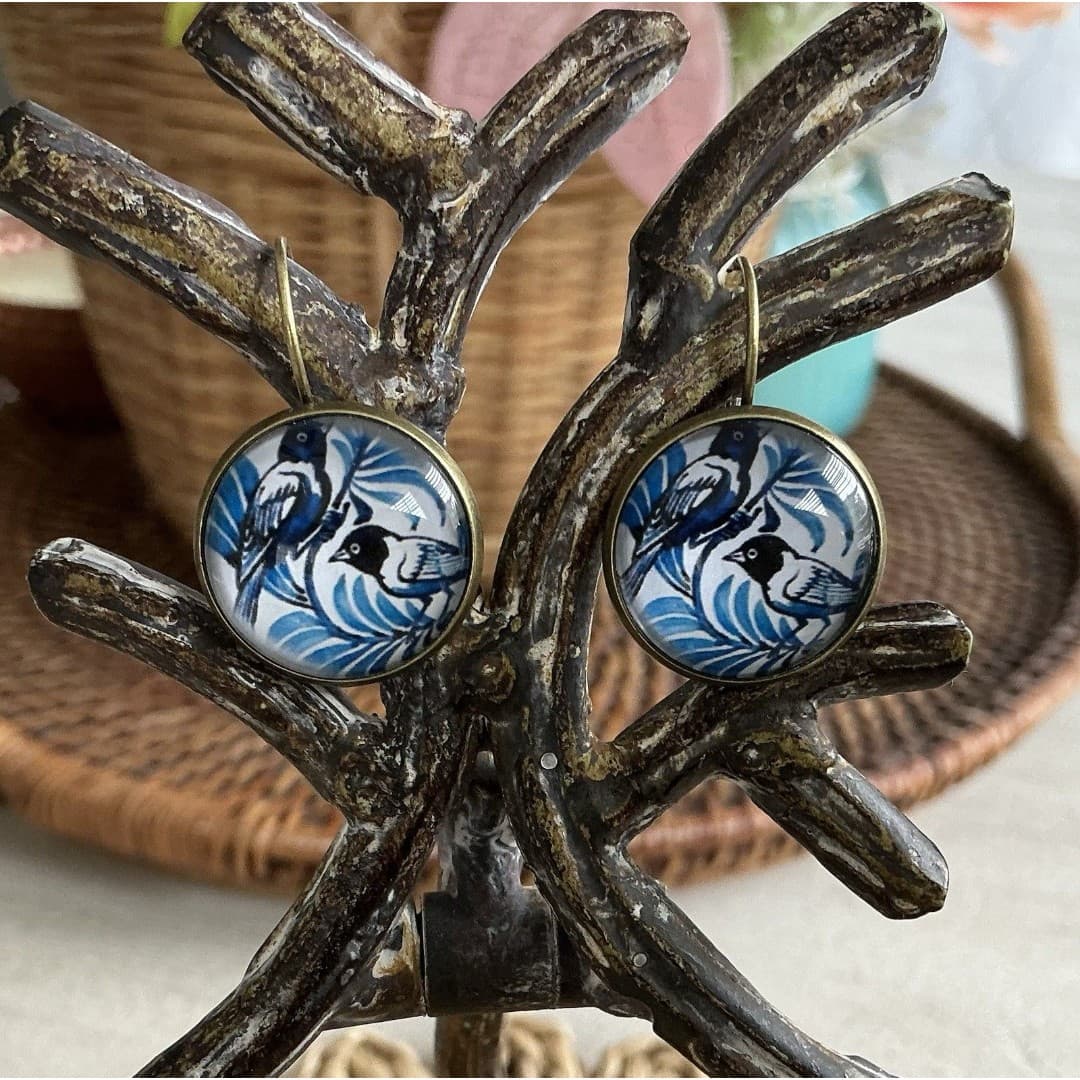 Blue White Stain Glass French Blue Bird Vintage Style Earrings - Thumbnail 2