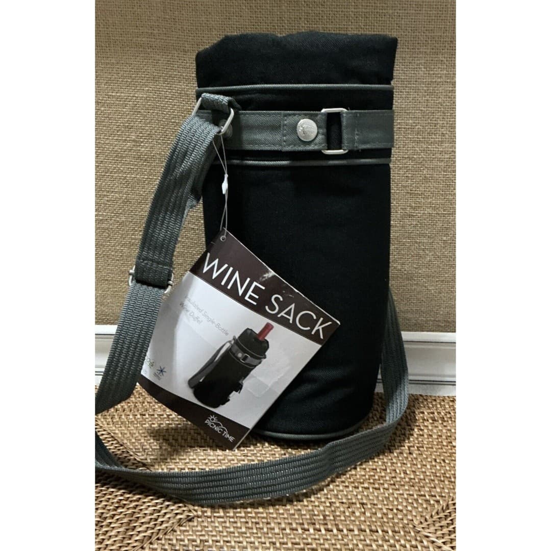 Picnic Time Insulated Single Wine Bottle Tote Bag Carrier Sack Black Corkscrew