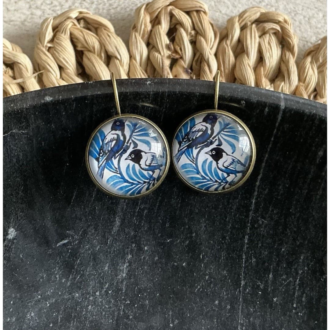 Blue White Stain Glass French Blue Bird Vintage Style Earrings - Thumbnail 3
