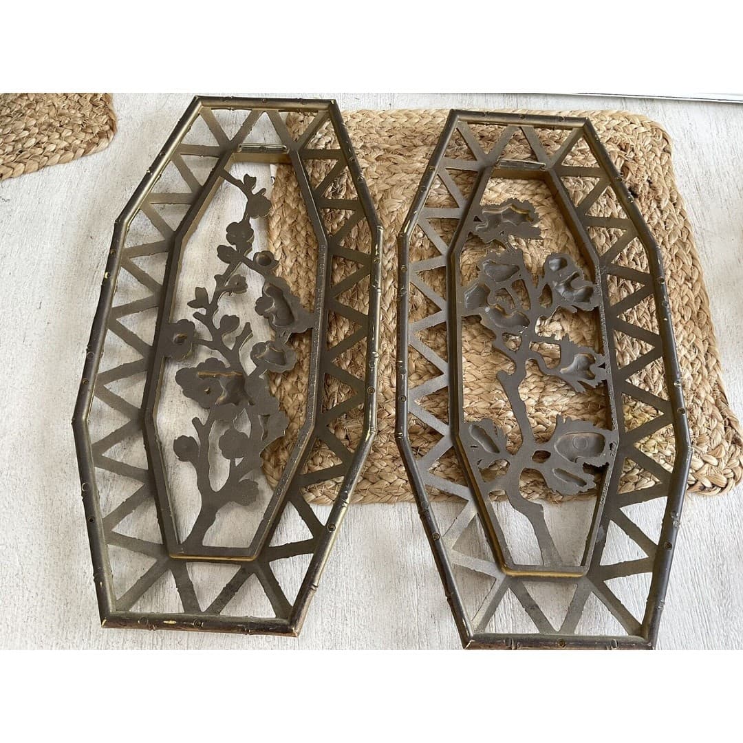 Vtg Syroco Pair Bamboo Floral Wall Plaques Dart 7412 A & B Homco 15.5" - Thumbnail 3