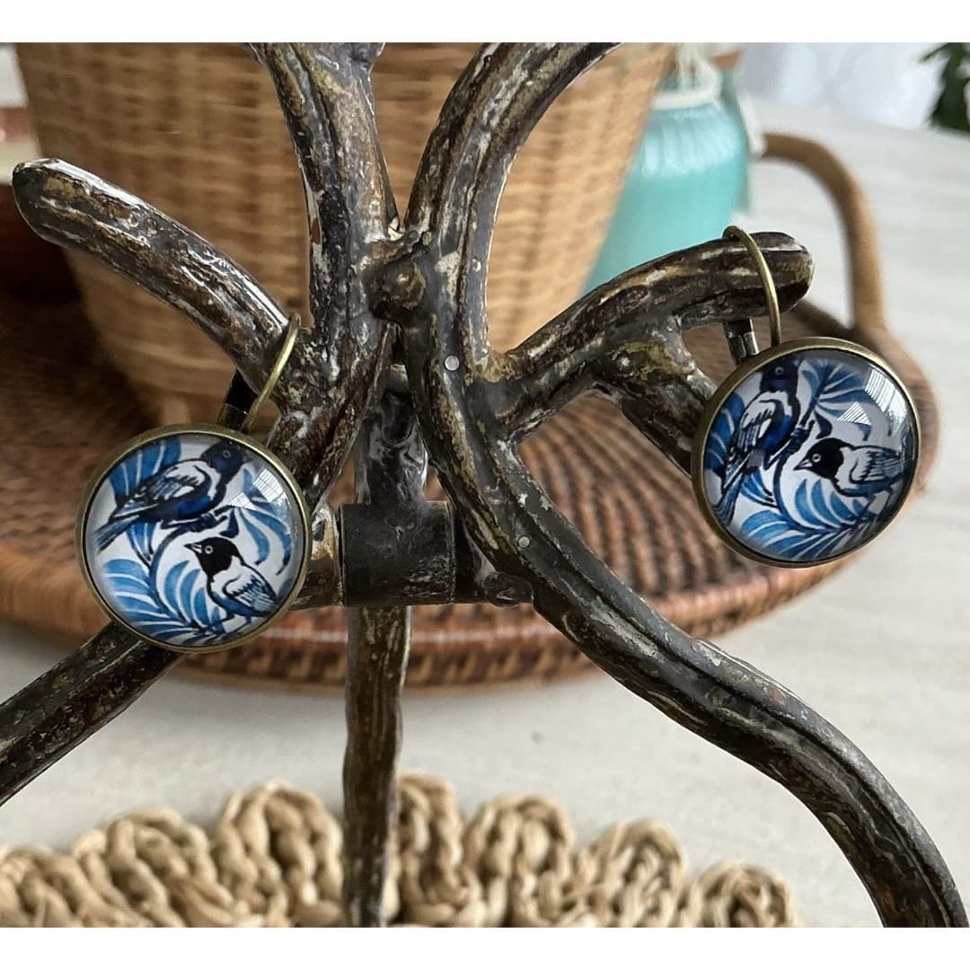 Blue White Stain Glass French Blue Bird Vintage Style Earrings - Thumbnail 4