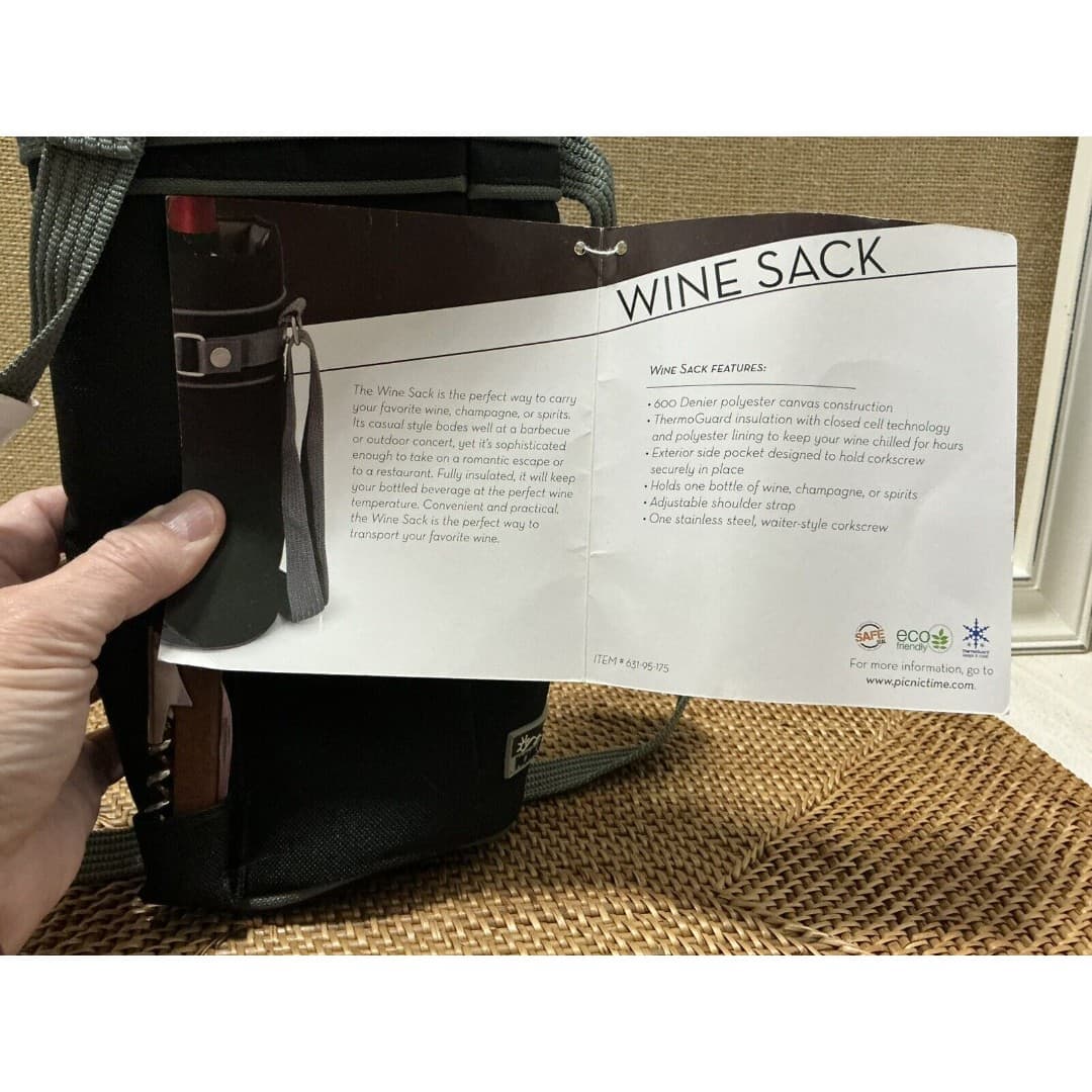 Picnic Time Insulated Single Wine Bottle Tote Bag Carrier Sack Black Corkscrew - Thumbnail 5