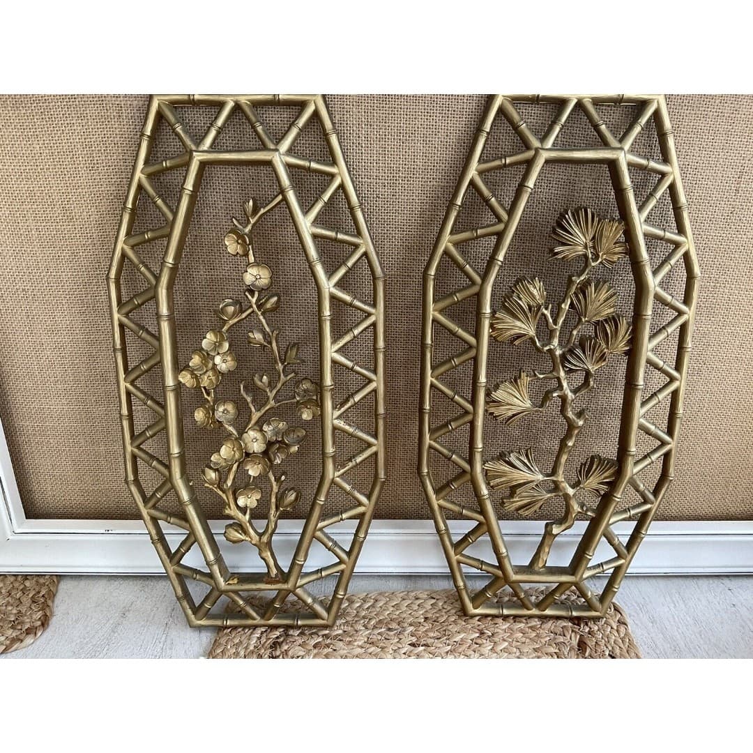 Vtg Syroco Pair Bamboo Floral Wall Plaques Dart 7412 A & B Homco 15.5" - Thumbnail 2