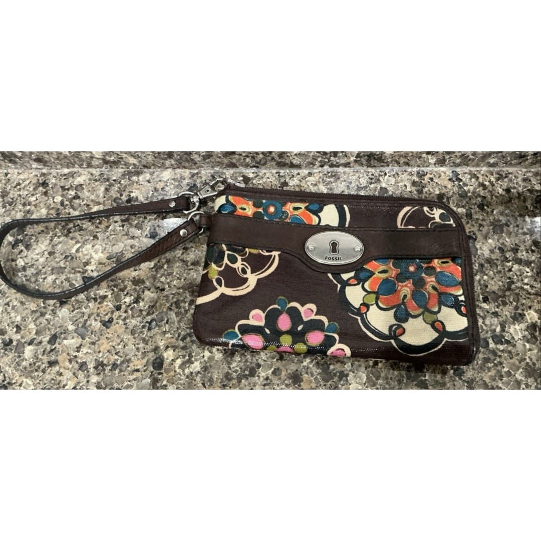 Fossil Key-Per Coated Canvas Wallet Wristlet Clutch Floral Oranges Brown