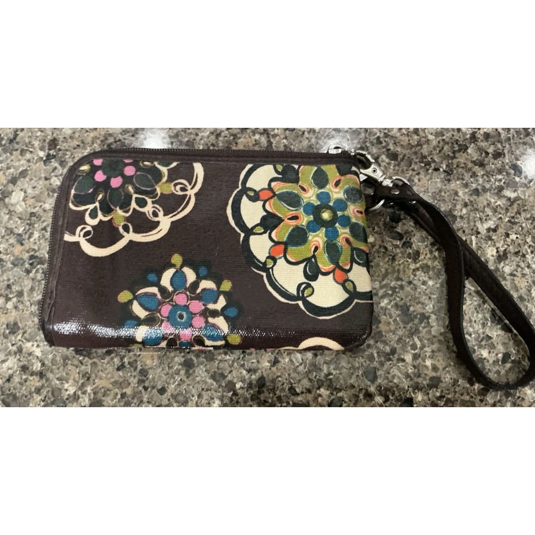 Fossil Key-Per Coated Canvas Wallet Wristlet Clutch Floral Oranges Brown - Thumbnail 3