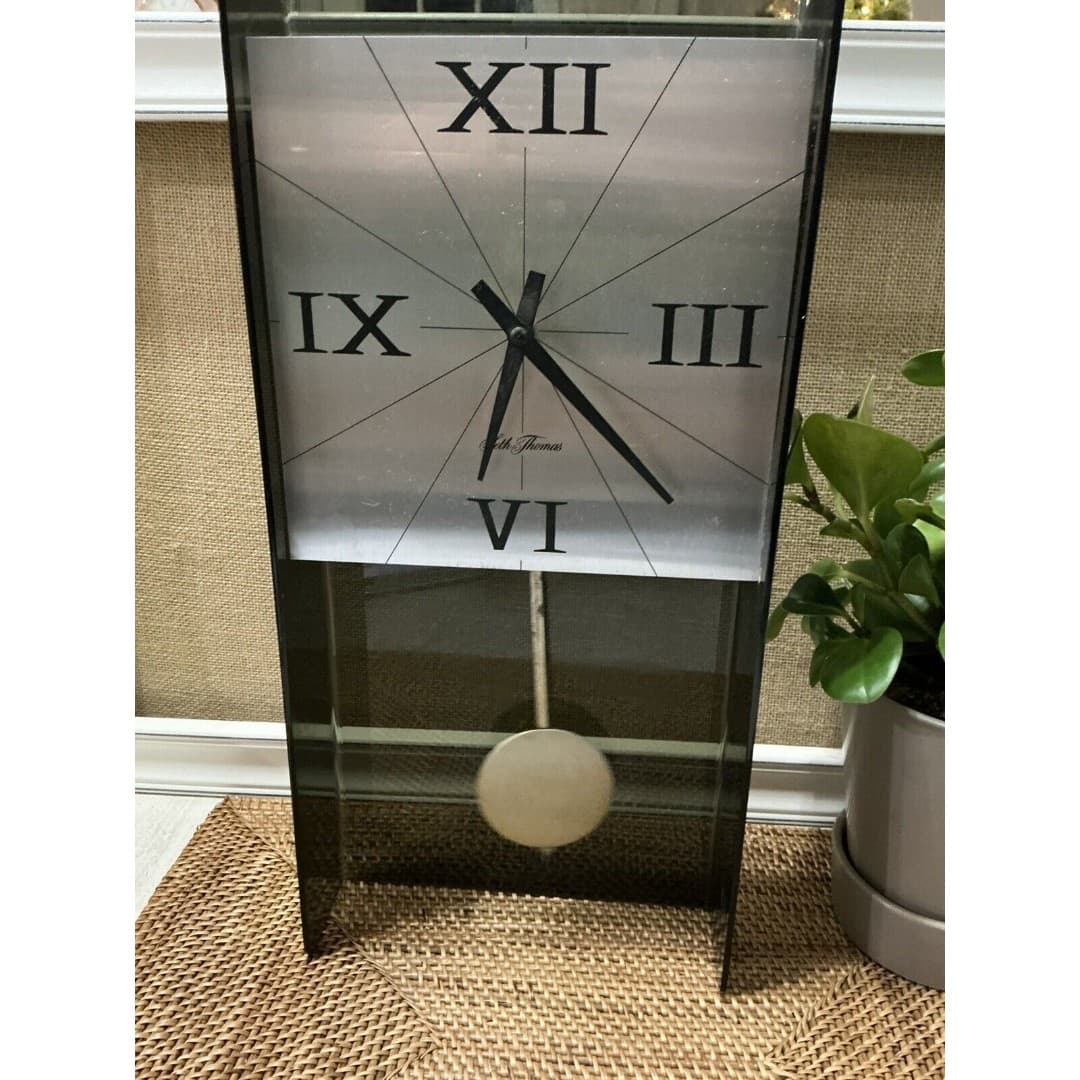 MCM Seth Thomas Smoky Lucite Black /Silver Plastic Wall Clock - Thumbnail 4