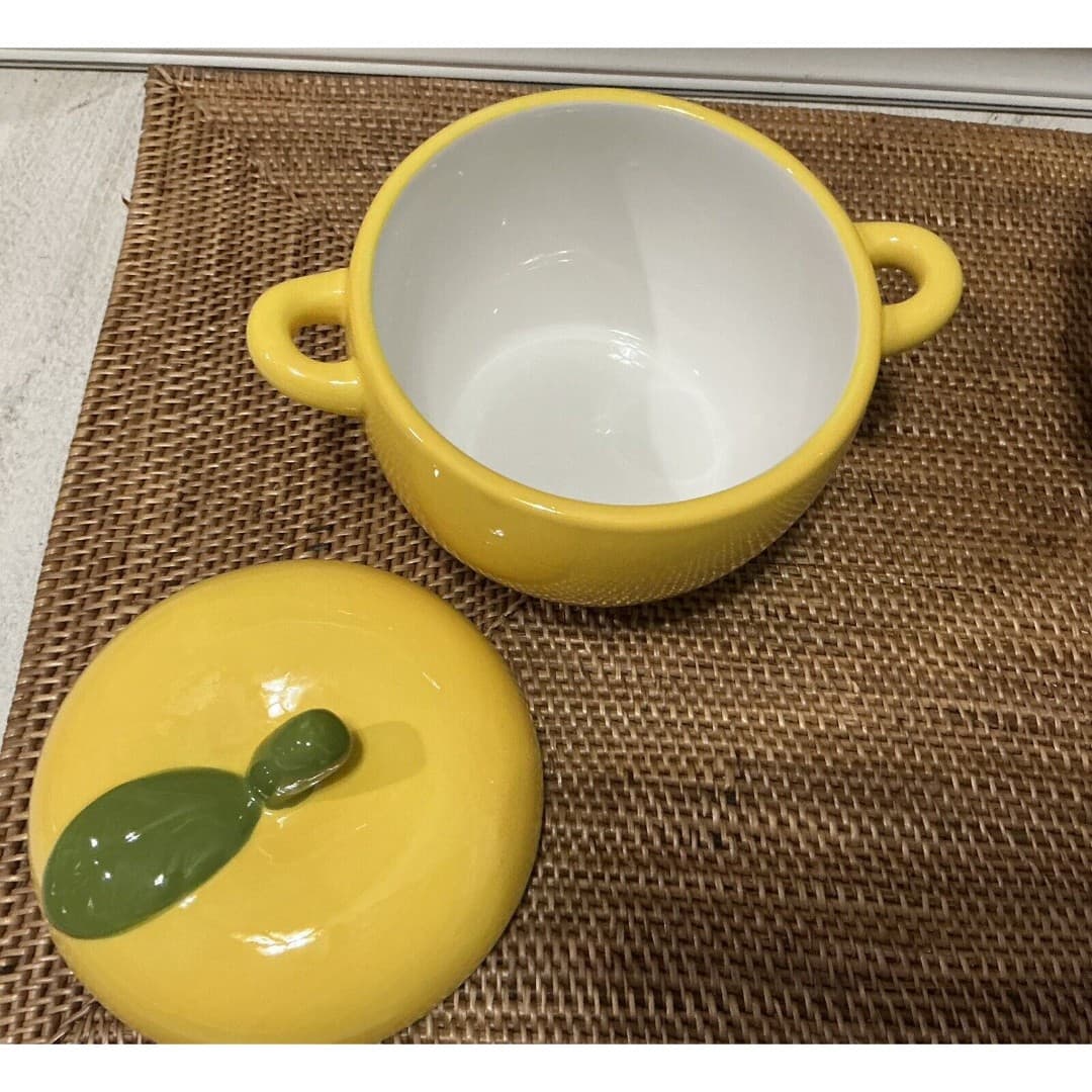 Vtg Earthenware Ceramic Yellow Apple Bowl W/Lid - Thumbnail 2