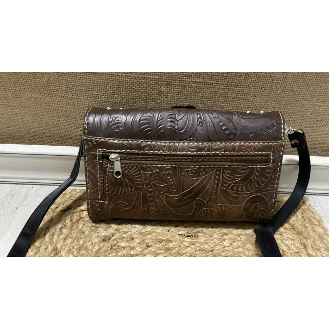 Western Feather Floral Purse Extra Strap Clutch Women Trifold Crossbody Wallet - Thumbnail 6