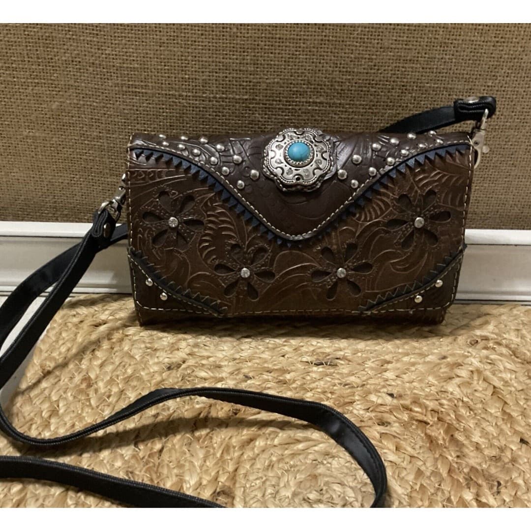 Western Feather Floral Purse Extra Strap Clutch Women Trifold Crossbody Wallet - Thumbnail 2
