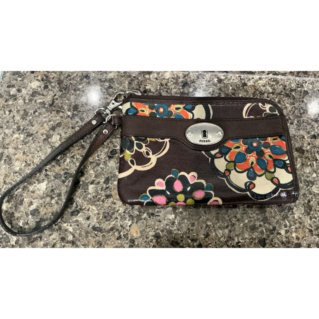Fossil Key-Per Coated Canvas Wallet Wristlet Clutch Floral Oranges Brown - Thumbnail 2