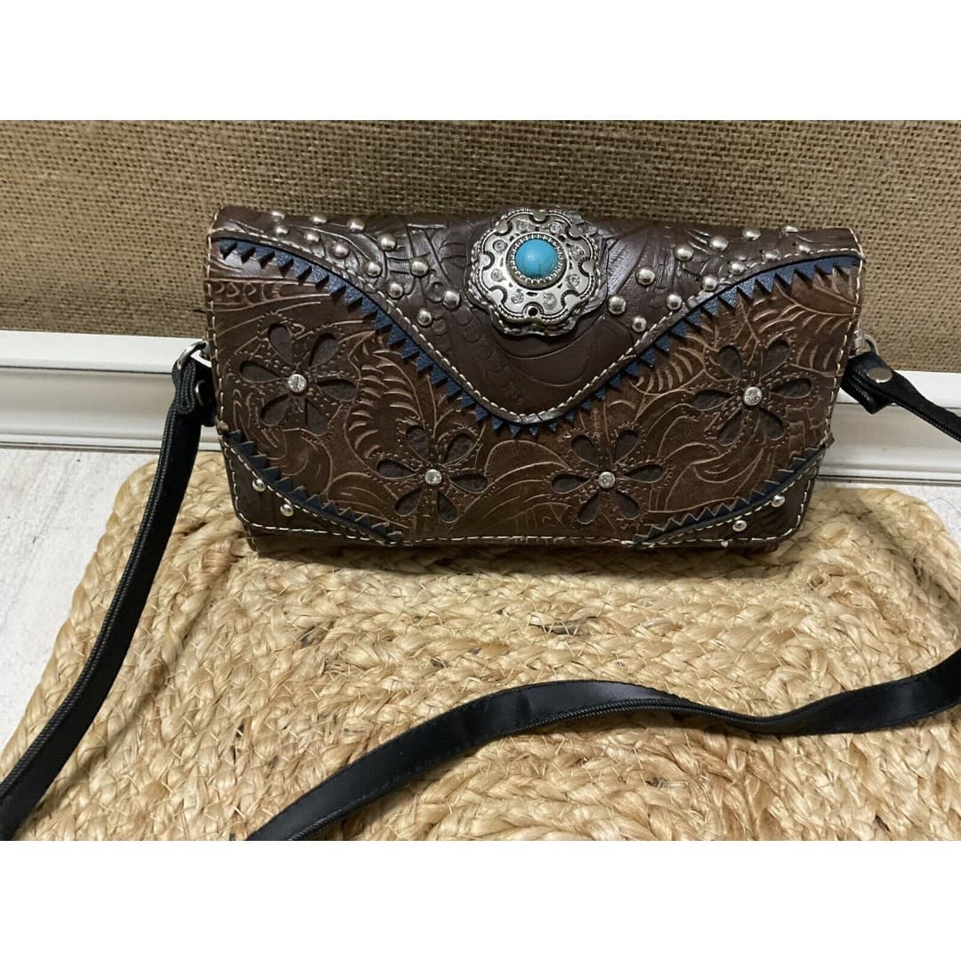 Western Feather Floral Purse Extra Strap Clutch Women Trifold Crossbody Wallet