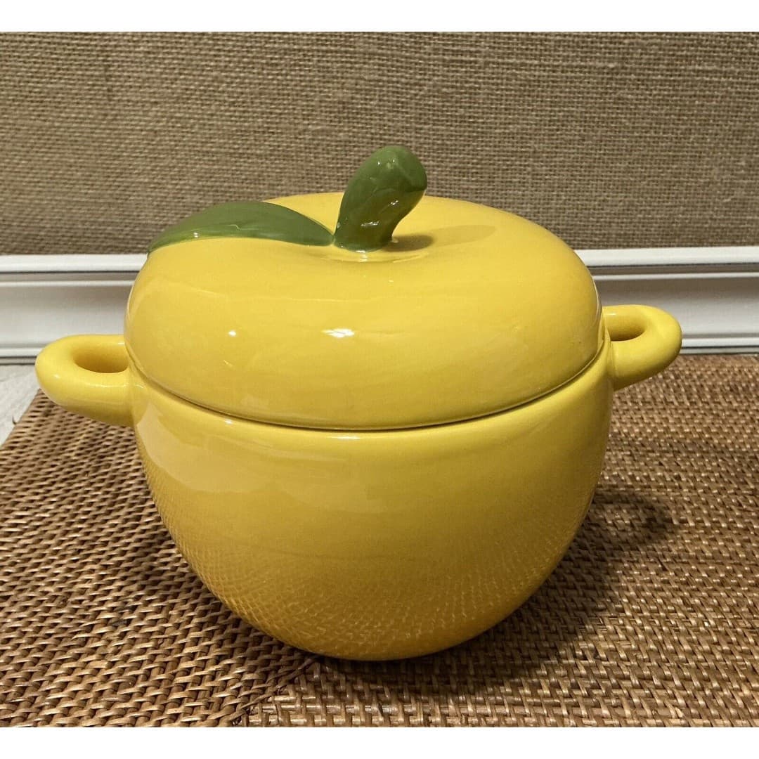 Vtg Earthenware Ceramic Yellow Apple Bowl W/Lid - Thumbnail 6