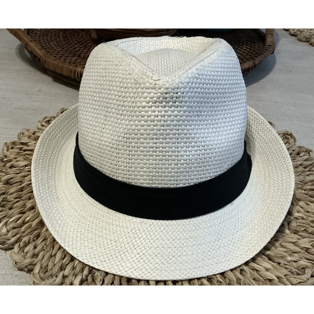 Panama Jack Solid Beige Ribbon Toyo Straw Fedora Hat Size L Logo 1.75" Brim NWOT - Thumbnail 2