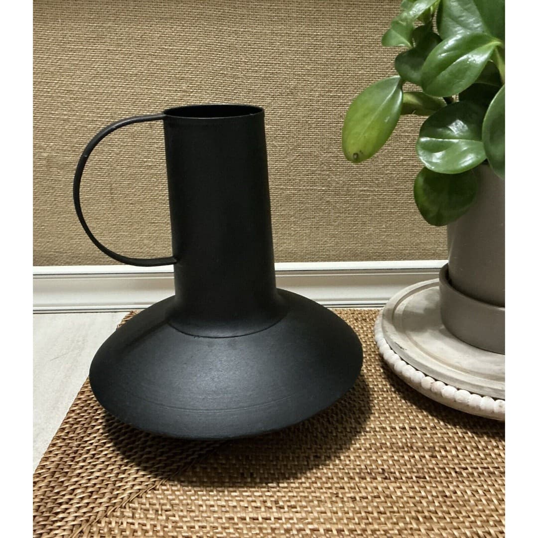 Shallow Rustic Black Metal Decorative Jug Tabletop Home Décor 8” Dia