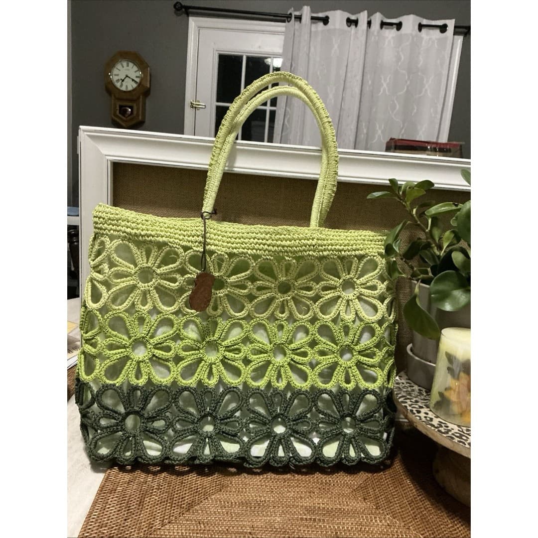 Sun-n-Sand Crocheted Woven Floral Green Beach Bag Hand bag - Thumbnail 2