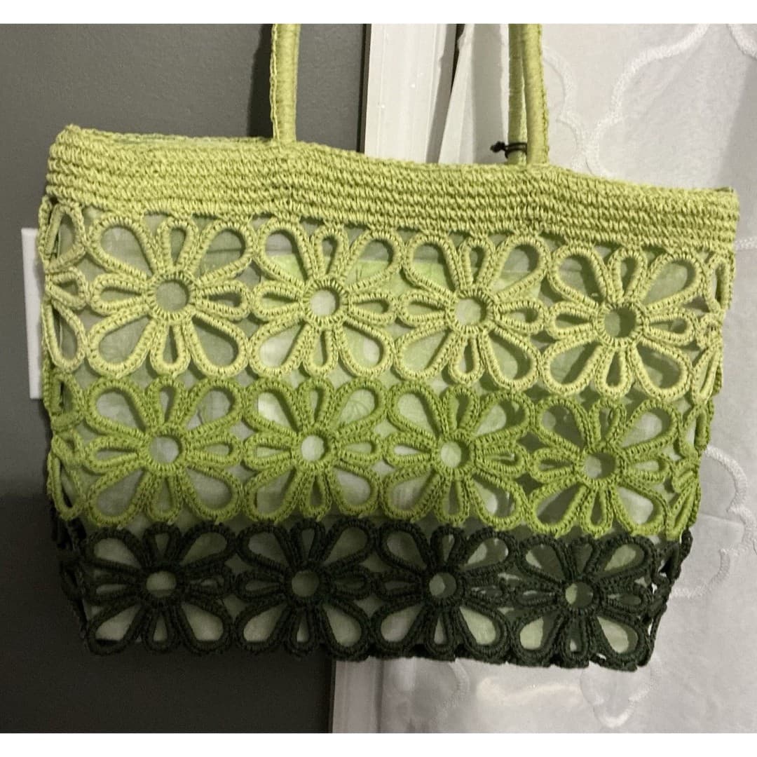 Sun-n-Sand Crocheted Woven Floral Green Beach Bag Hand bag - Thumbnail 4