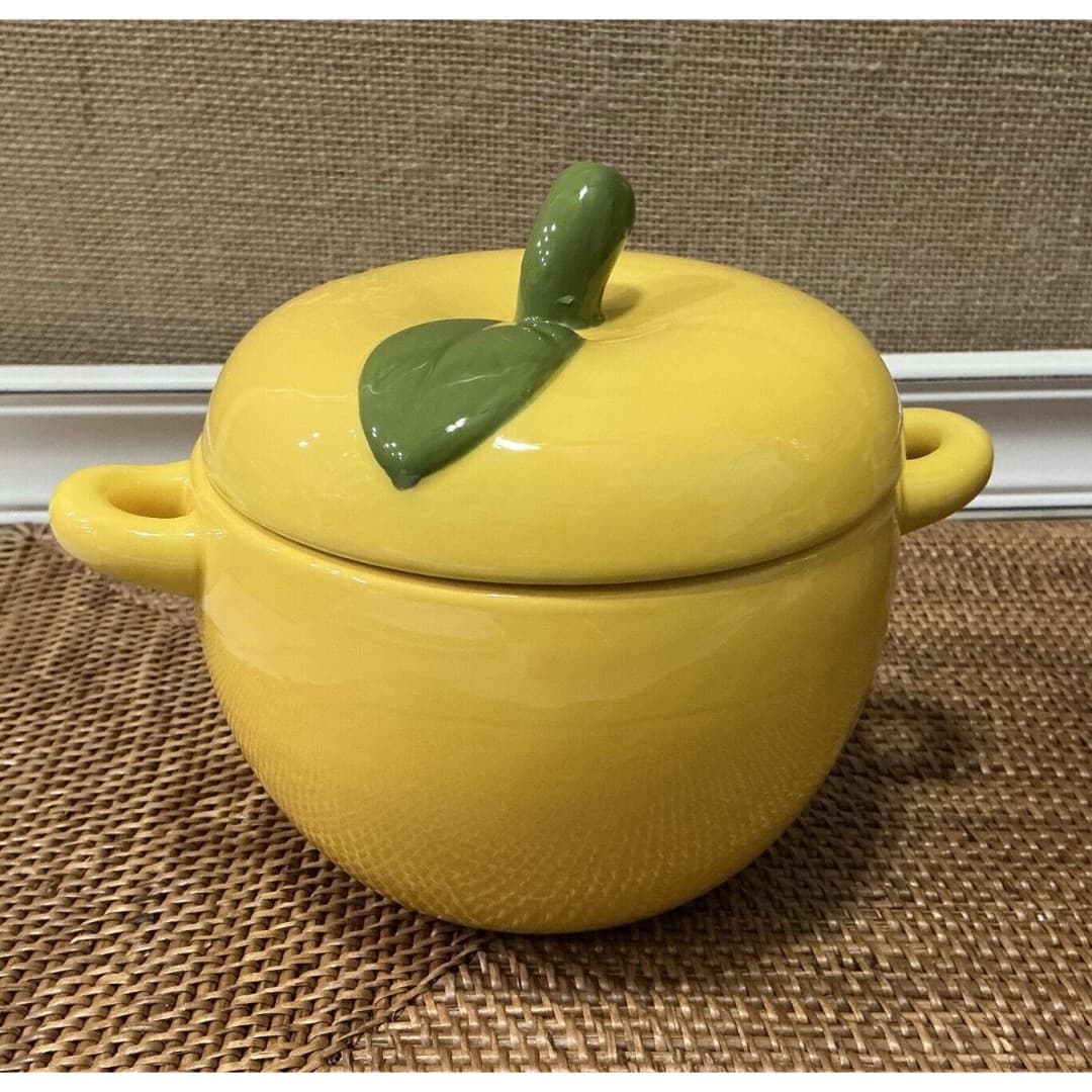 Vtg Earthenware Ceramic Yellow Apple Bowl W/Lid