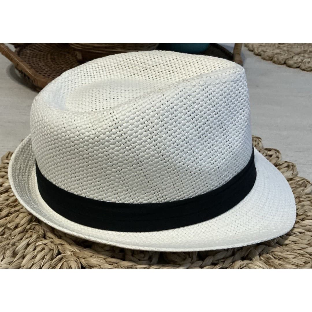 Panama Jack Solid Beige Ribbon Toyo Straw Fedora Hat Size L Logo 1.75" Brim NWOT - Thumbnail 3