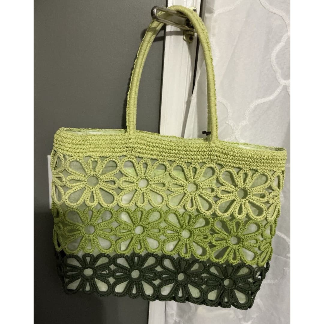 Sun-n-Sand Crocheted Woven Floral Green Beach Bag Hand bag - Thumbnail 3