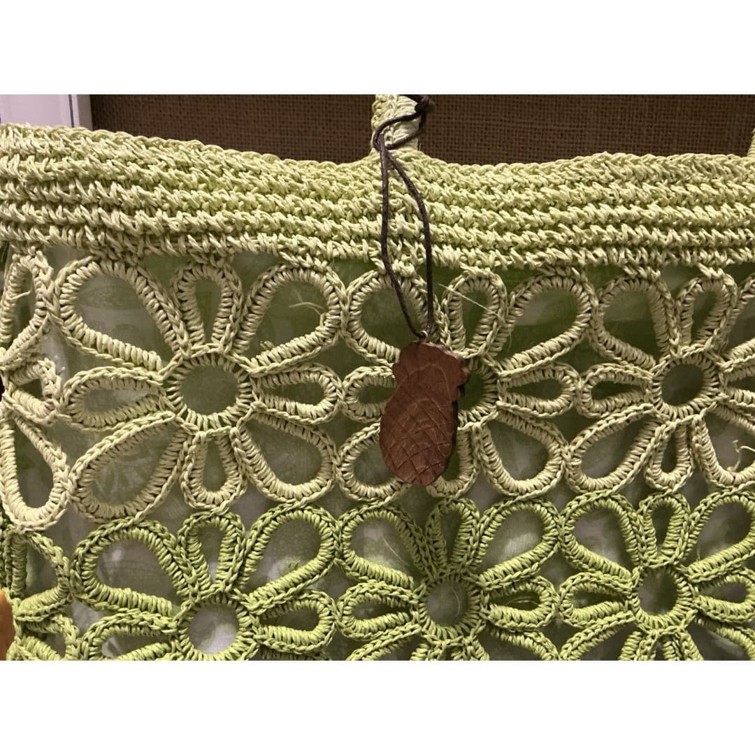 Sun-n-Sand Crocheted Woven Floral Green Beach Bag Hand bag - Thumbnail 6