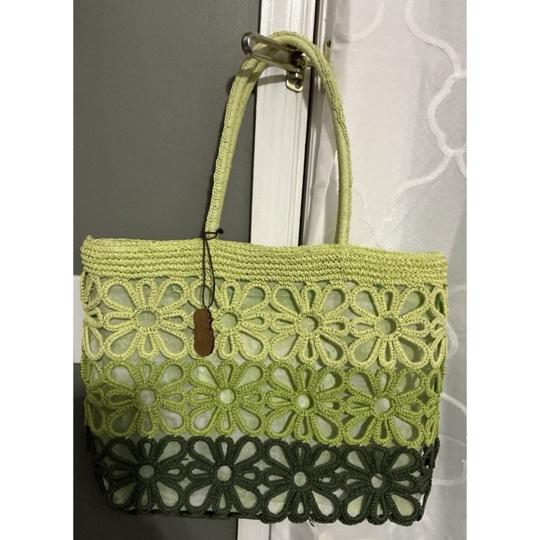 Sun-n-Sand Crocheted Woven Floral Green Beach Bag Hand bag