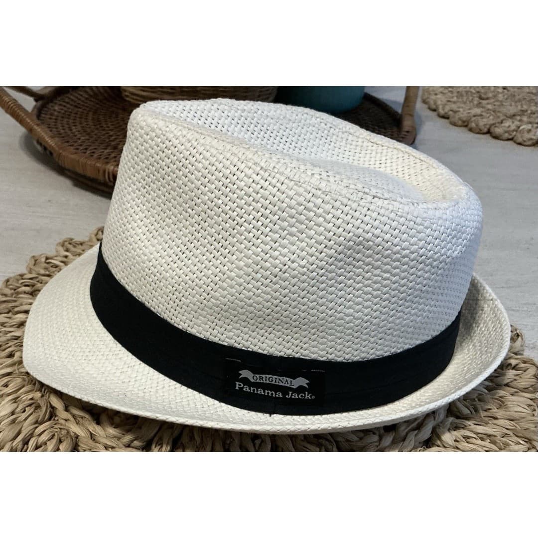 Panama Jack Solid Beige Ribbon Toyo Straw Fedora Hat Size L Logo 1.75" Brim NWOT