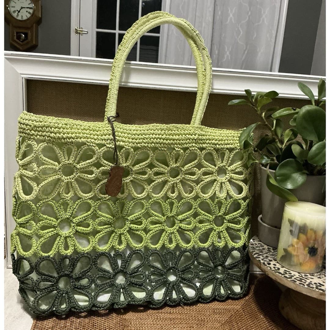Sun-n-Sand Crocheted Woven Floral Green Beach Bag Hand bag - Thumbnail 7