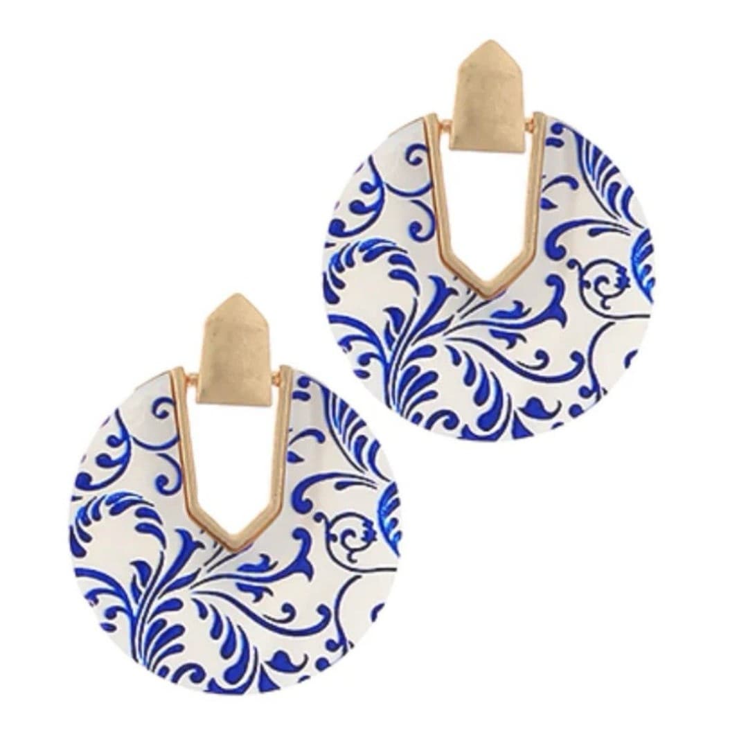 Blue White Victorian Pearlescent Chinoiserie Gold Tone Dangle Earrings - Thumbnail 4